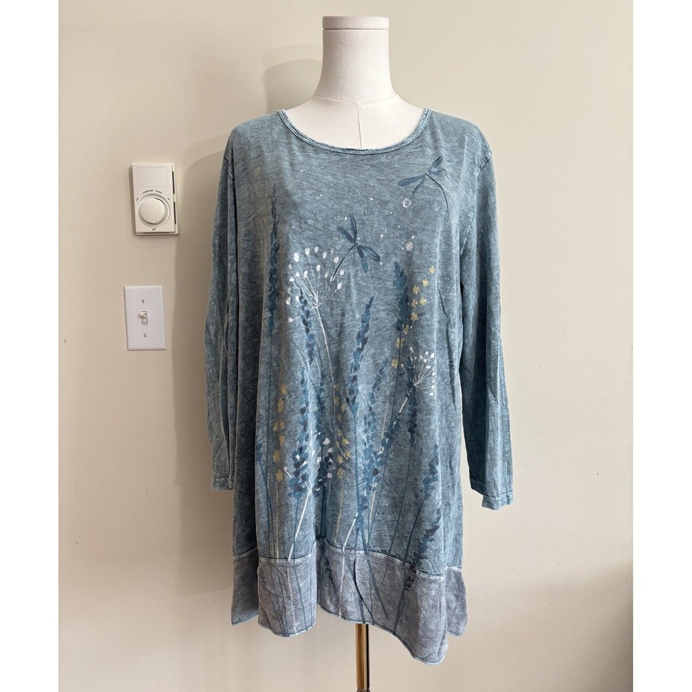 Jess & Jane Womens Large Tunic Top Boho Hippie Floral Cotton Made in USA Blue